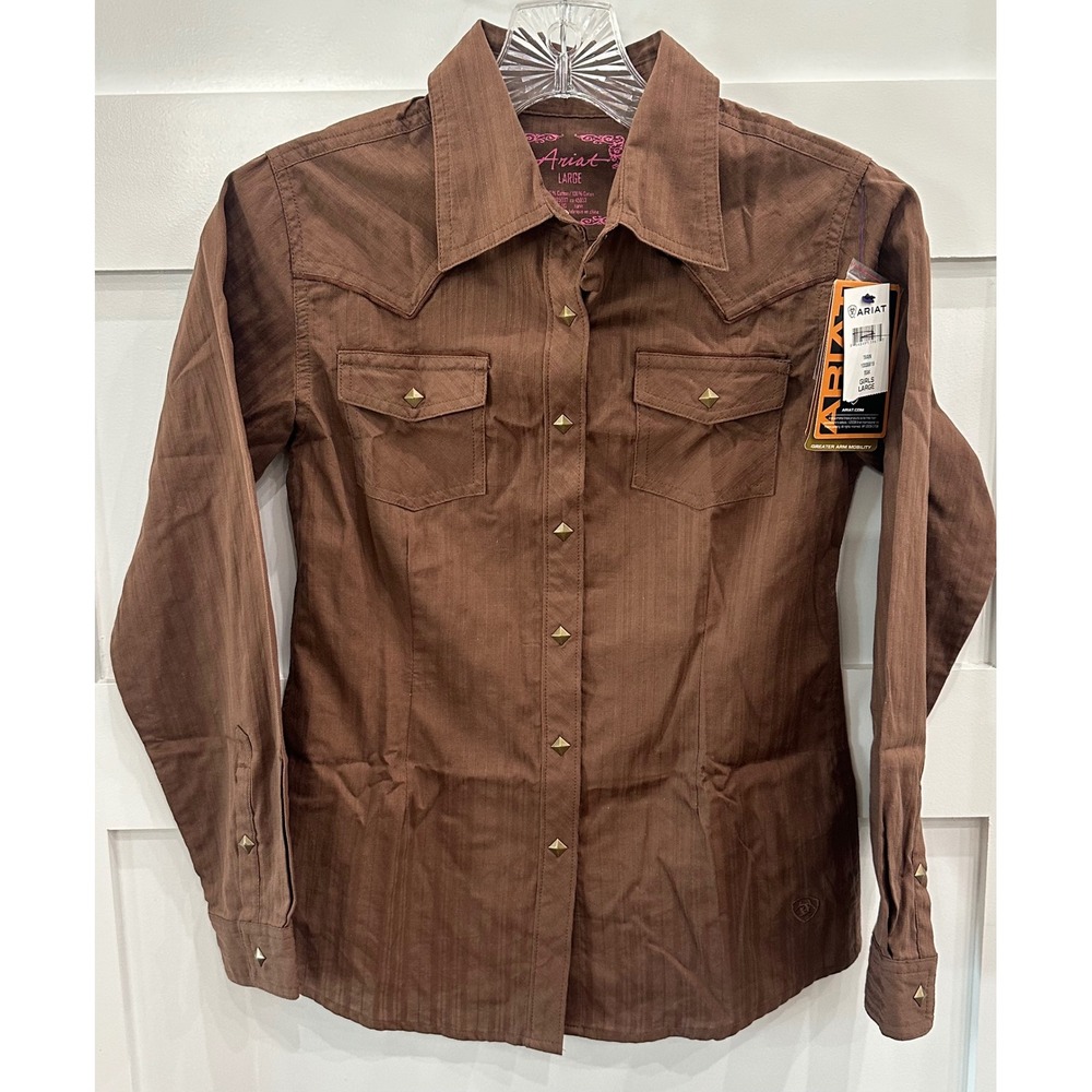 Ariat Girls Tarin Western Shirt Teak Brown Studded Cross Large 10006619 NWT